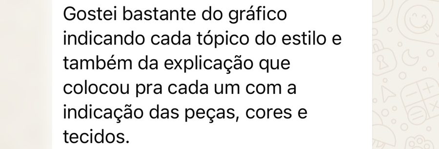Depoimento: Gostei bastante do gráfico indicando cada tópico do estilo e da explicação com peças, cores e tecidos
